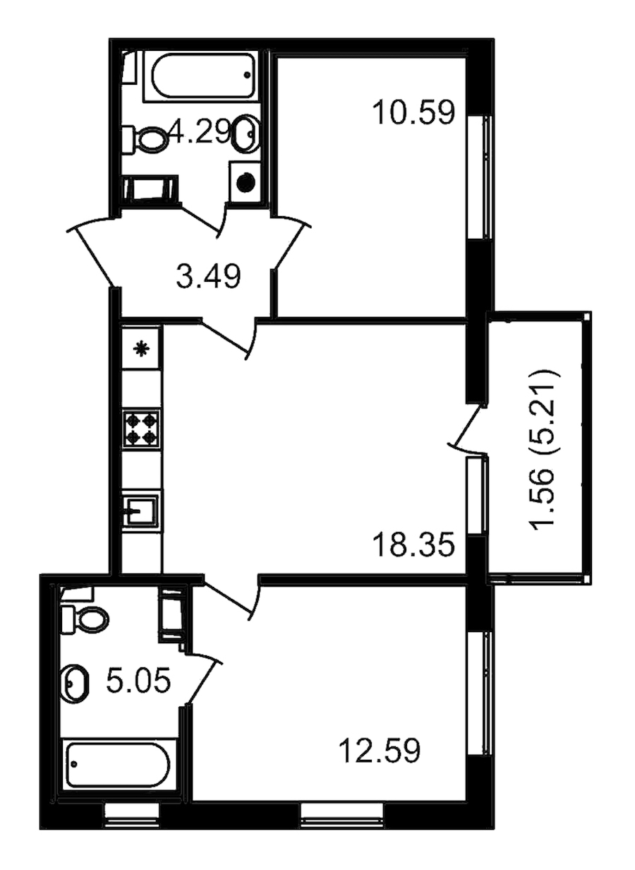 2-комнатная квартира 54.36 м², 13/14 эт., ЖК «Чёрная речка»